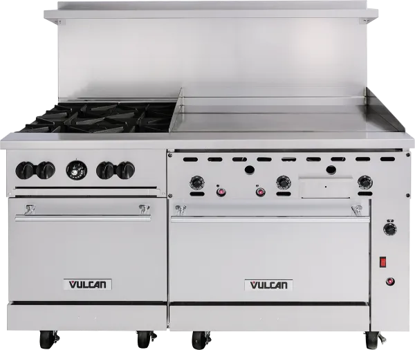 Cooking Performance Group S60-G36-N Natural Gas 4 Burner 60 Range with 36  Griddle and 2 Standard Ovens - 240,000 BTU