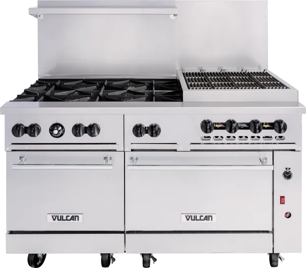 60 Width with 24 Griddle Commercial Range Oven, Left 6 Burners, Natural  Gas, Propane, NSF/ETL Certified, 2 Ovens Thermostat, Cast iron Grate